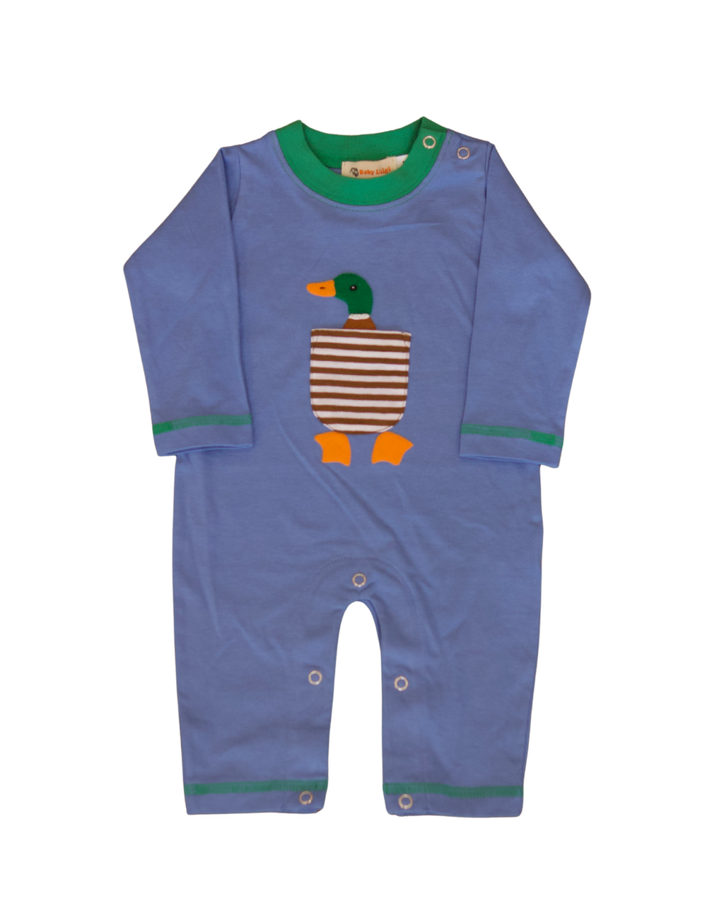 Chambray Knit Romper with Mallard Applique Pocket