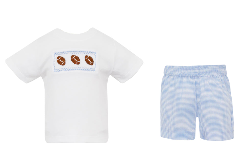 Blue Gingham Boys Smocked Short Set - Football