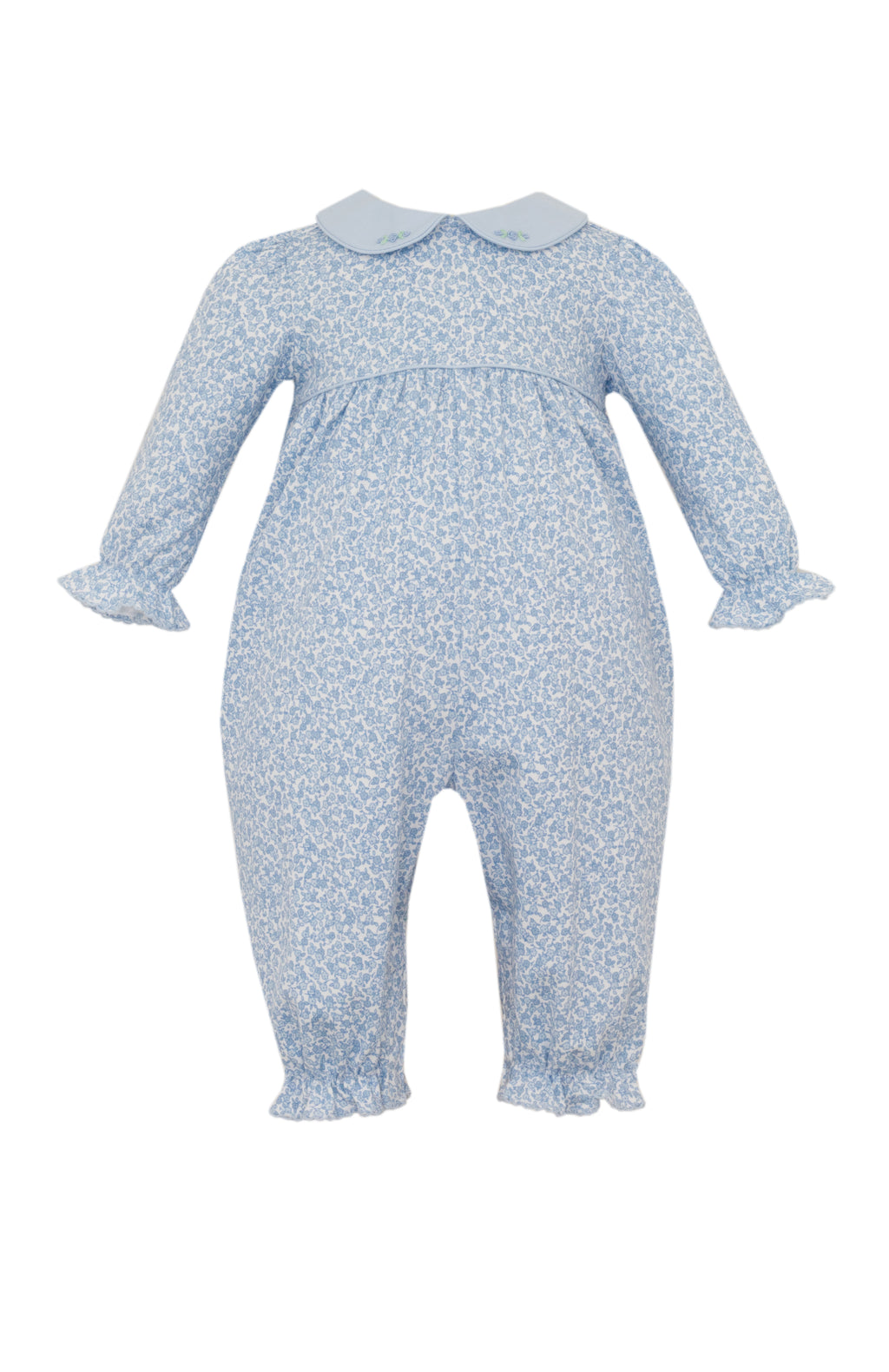 Blue Knit Liberty Print Romper with Embroidered Collar