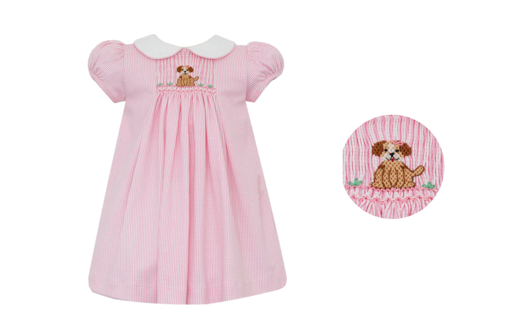 Pink Knit Checked Smocked Short Sleeve Float Dress - Puppies