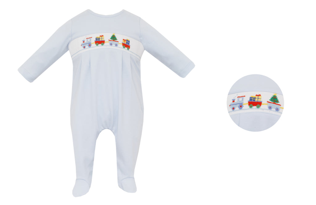Christmas Train Light Blue Knit Boy Footie