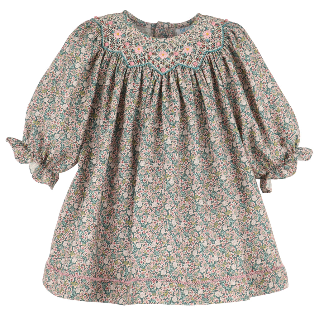 Forest Floral Teal Smocked Bishop Dress