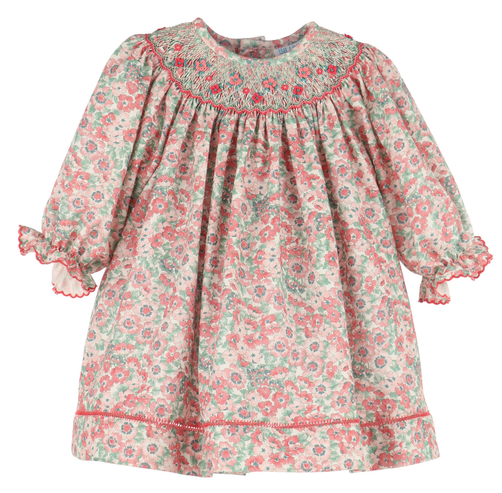 Scarlet Blush Coral Floral Smocked Bishop Dress