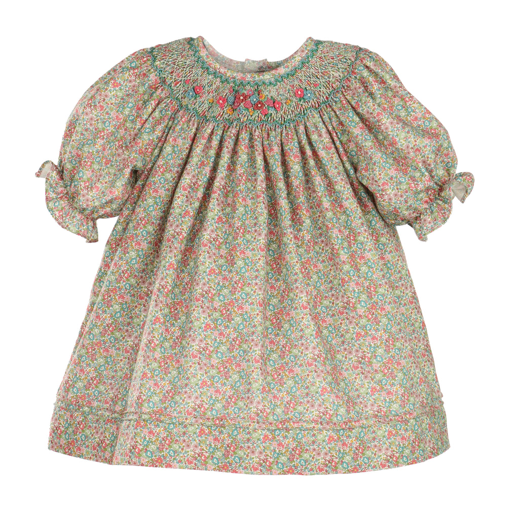 Sugarplum Bouquet Teal Smocked Bishop Dress