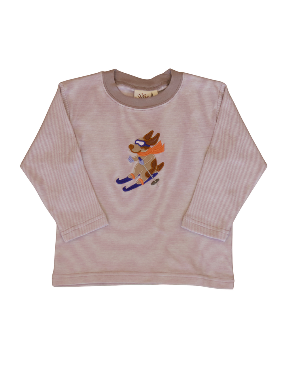 Grey and White Stripe T-Shirt with Dog Skiing Applique