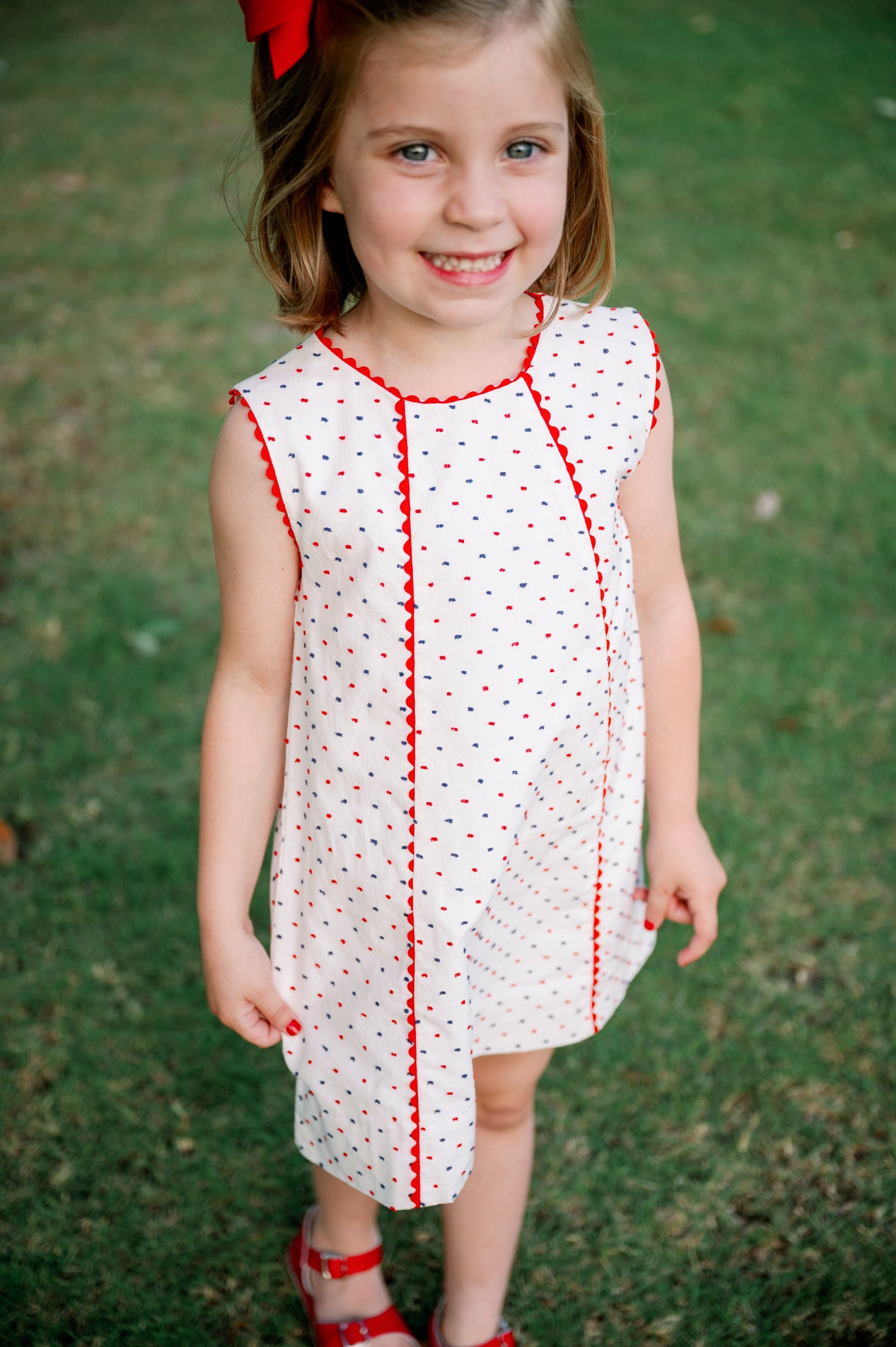 Amelia Aline Dress in Navy and Red Swiss Dot