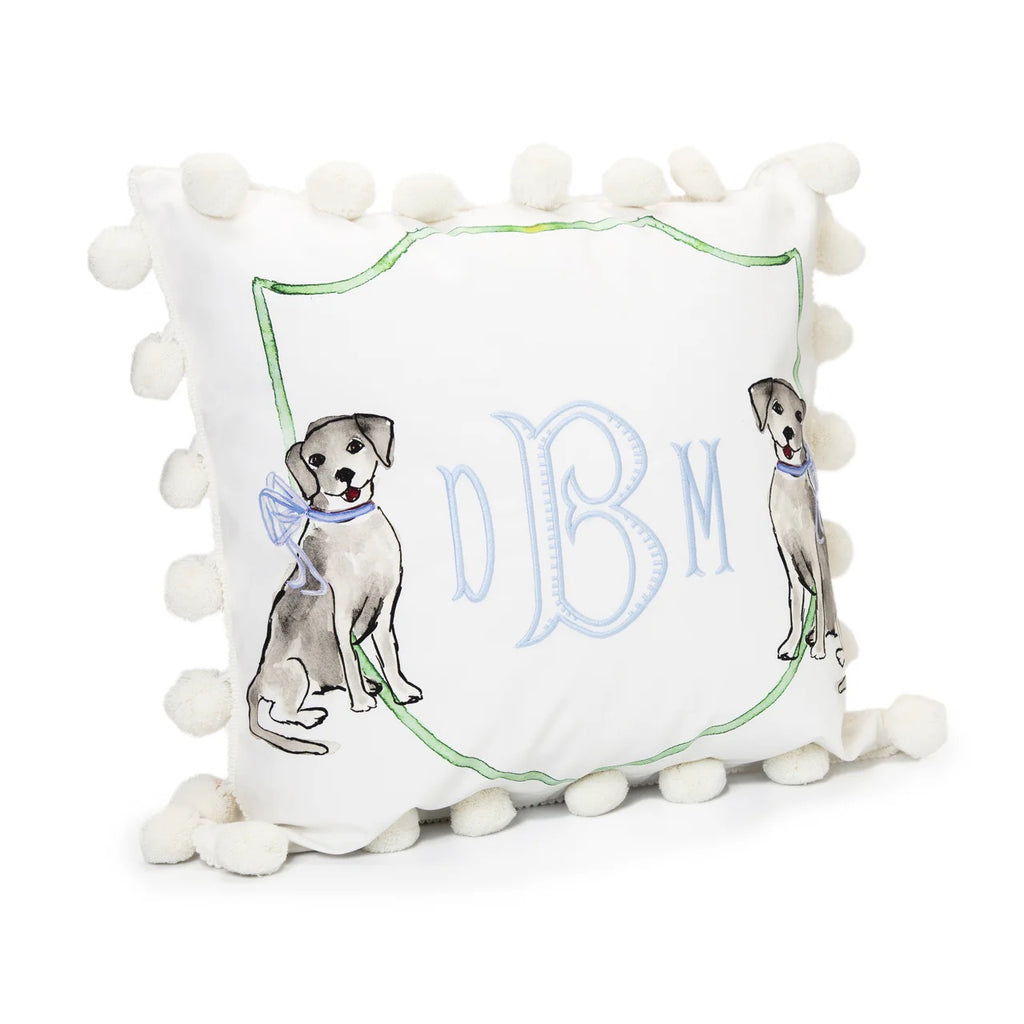 Over the Moon Monogrammable Pillow with Insert - Puppy Dog with Blue Bow