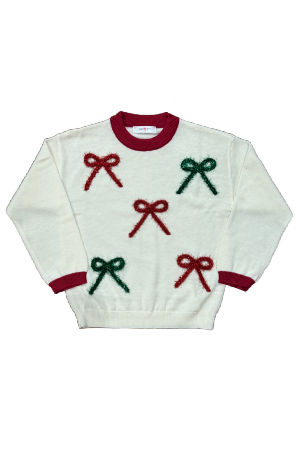 Cream Sweater With Red and Green Bows