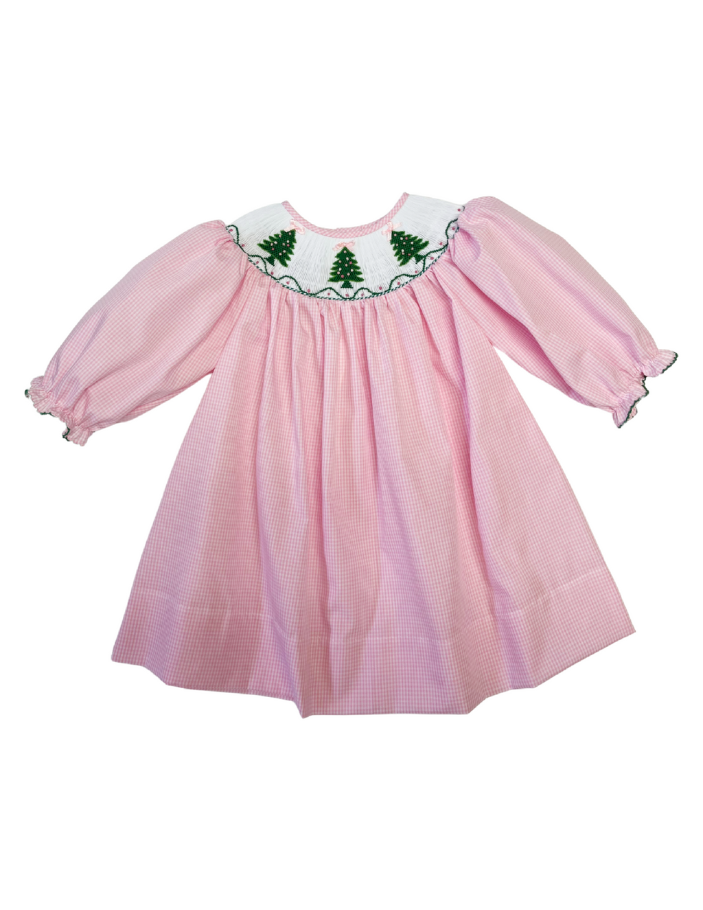 Emma Christmas Tree Long Sleeve Smocked Bishop Dress