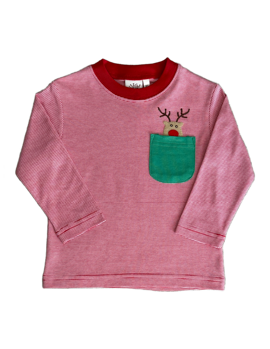 Red Stripe T-Shirt with Rudolph Applique Pocket