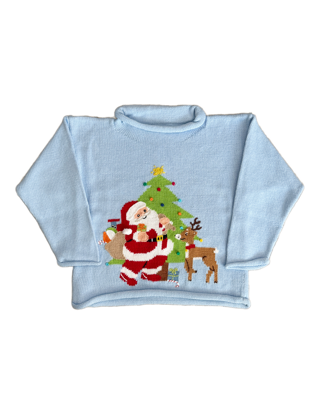 Christmas Tree with Santa Roll Neck Sweater Blue