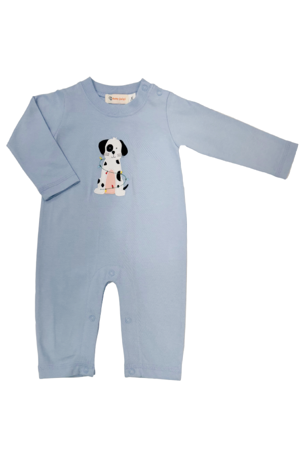 Blue Romper Dalmation with Christmas Lights Applique