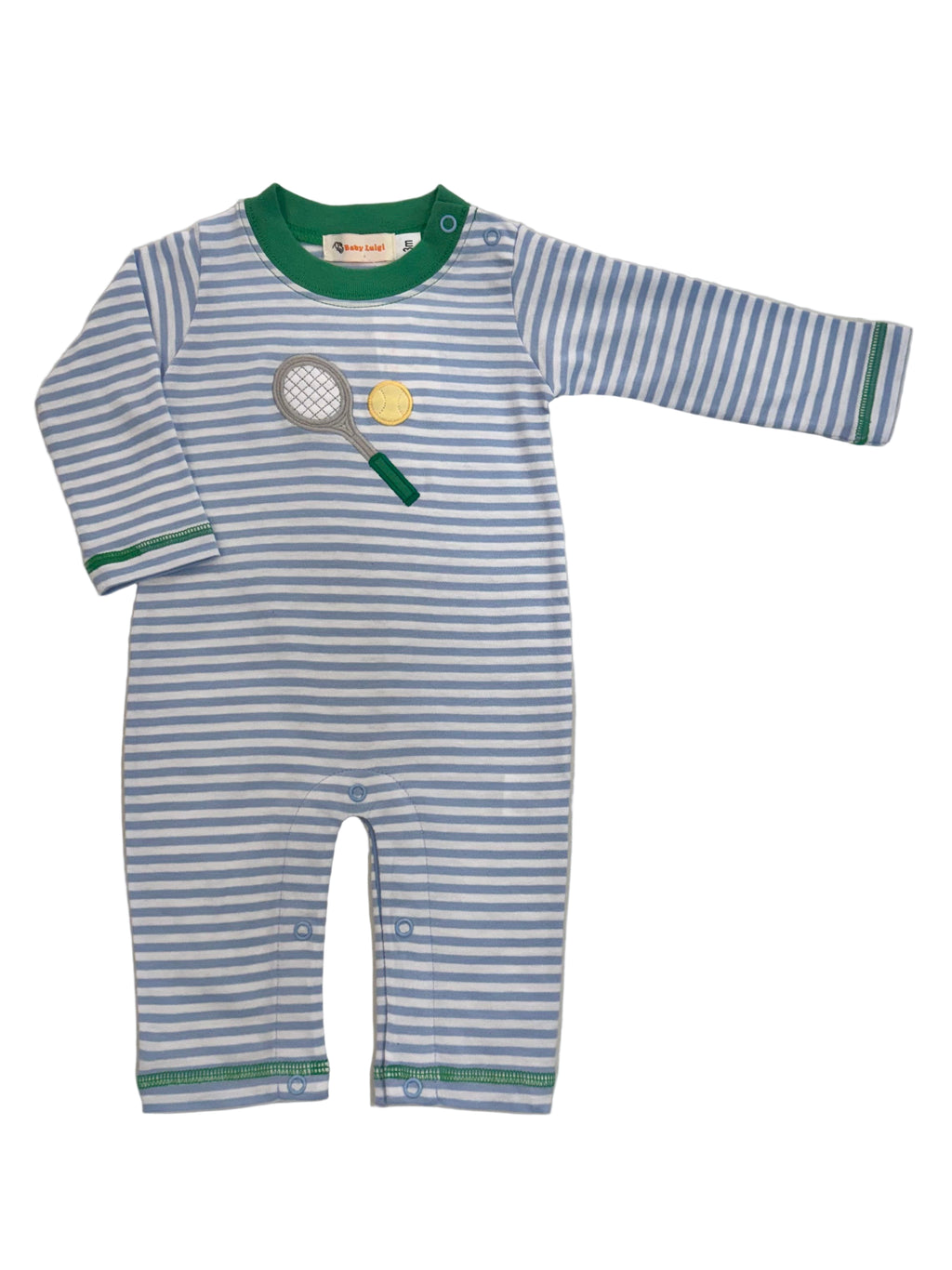 Blue and White Knit Romper with Tennis Racquet Applique