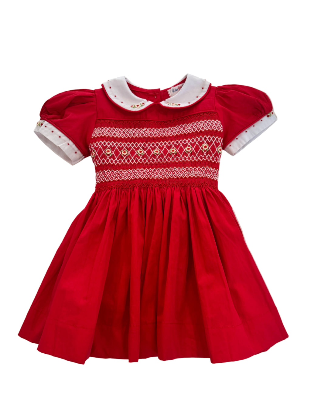 Nicole Christmas Red Embroidered Smocked Bodice Dress