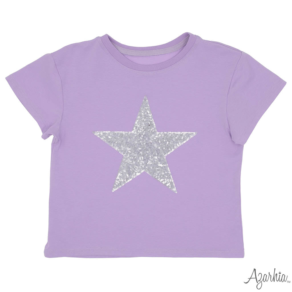 Lavender t-shirt with a silver sequin star design