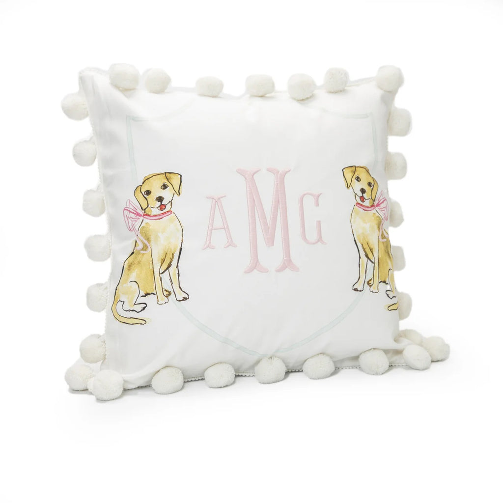 Over the Moon Monogrammable Pillow with Insert - Puppy Dog with Pink Bow