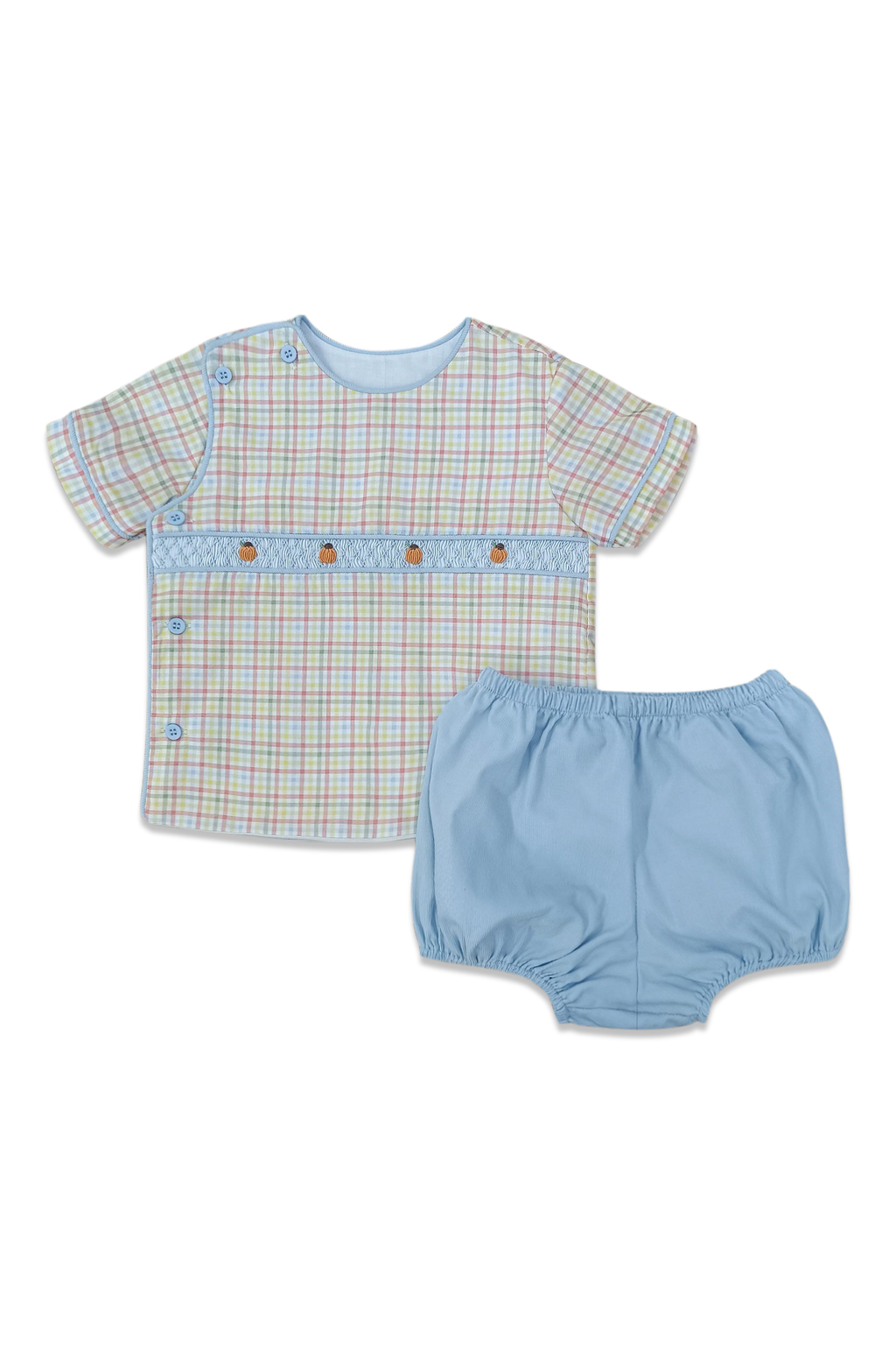 Short Sleeve Beau Bloomer Set Plaid and Blue Corduroy