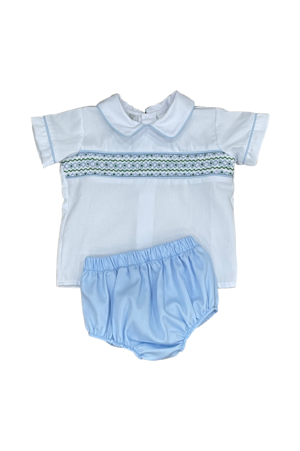Blue and Green Geometric Smocked Diaper Set