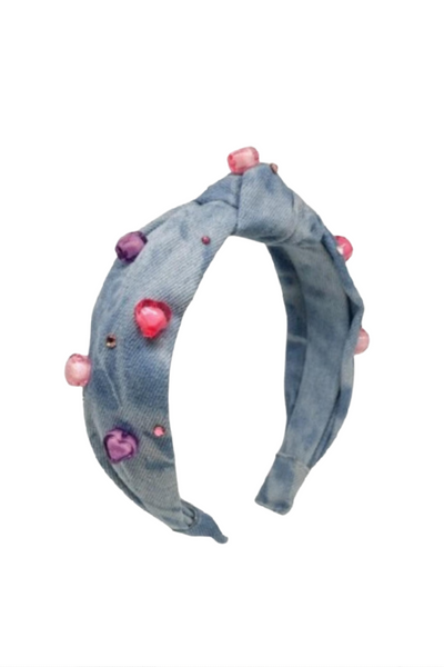 Denim Rainbow Heart Knot Headband with Stones