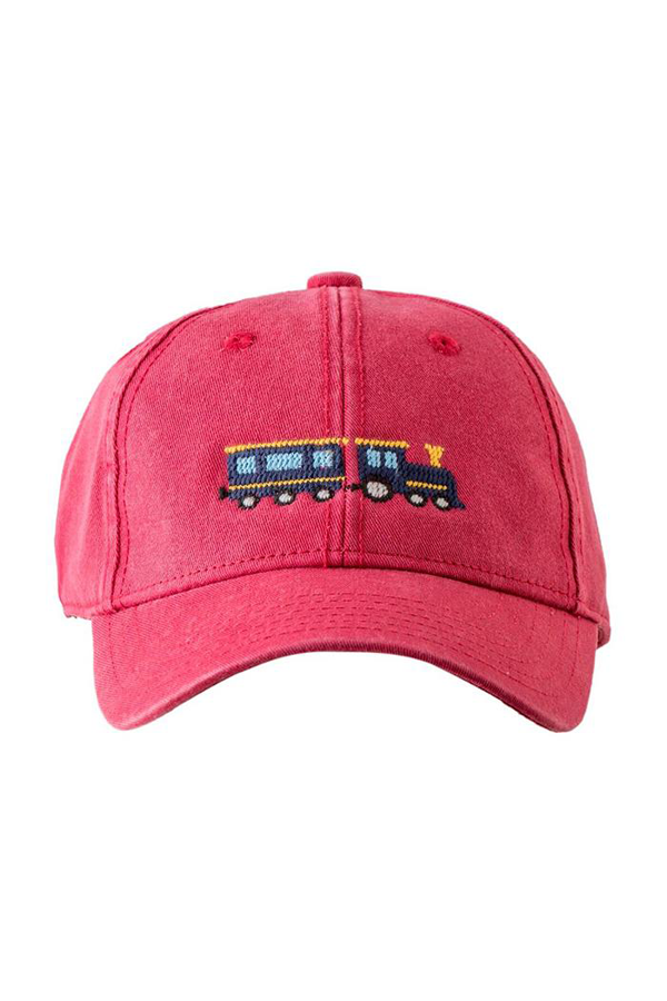 Train Needlepoint on Weathered Red Kids Hat
