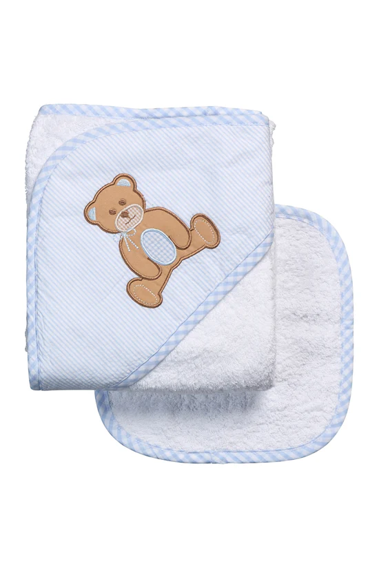 Teddy Bear Applique Hooded Towel & Washcloth Set - Blue
