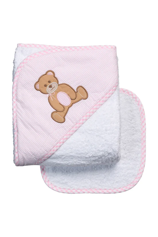 Teddy Bear Applique Hooded Towel & Washcloth Set - Pink