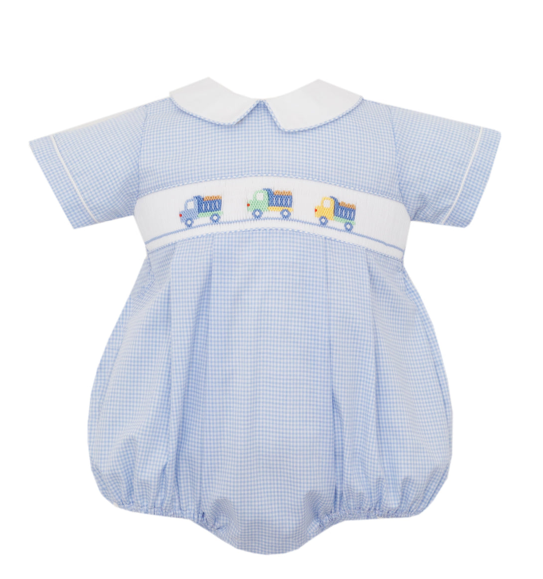 Dump Trucks Smocked Light Blue Gingham Boy's Bubble PRE-ORDER