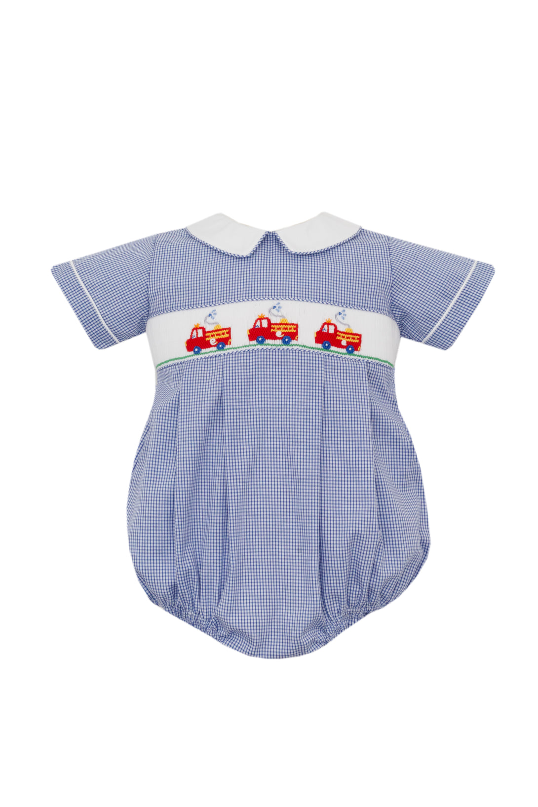 Firetrucks Smocked Navy Blue Check Bubble