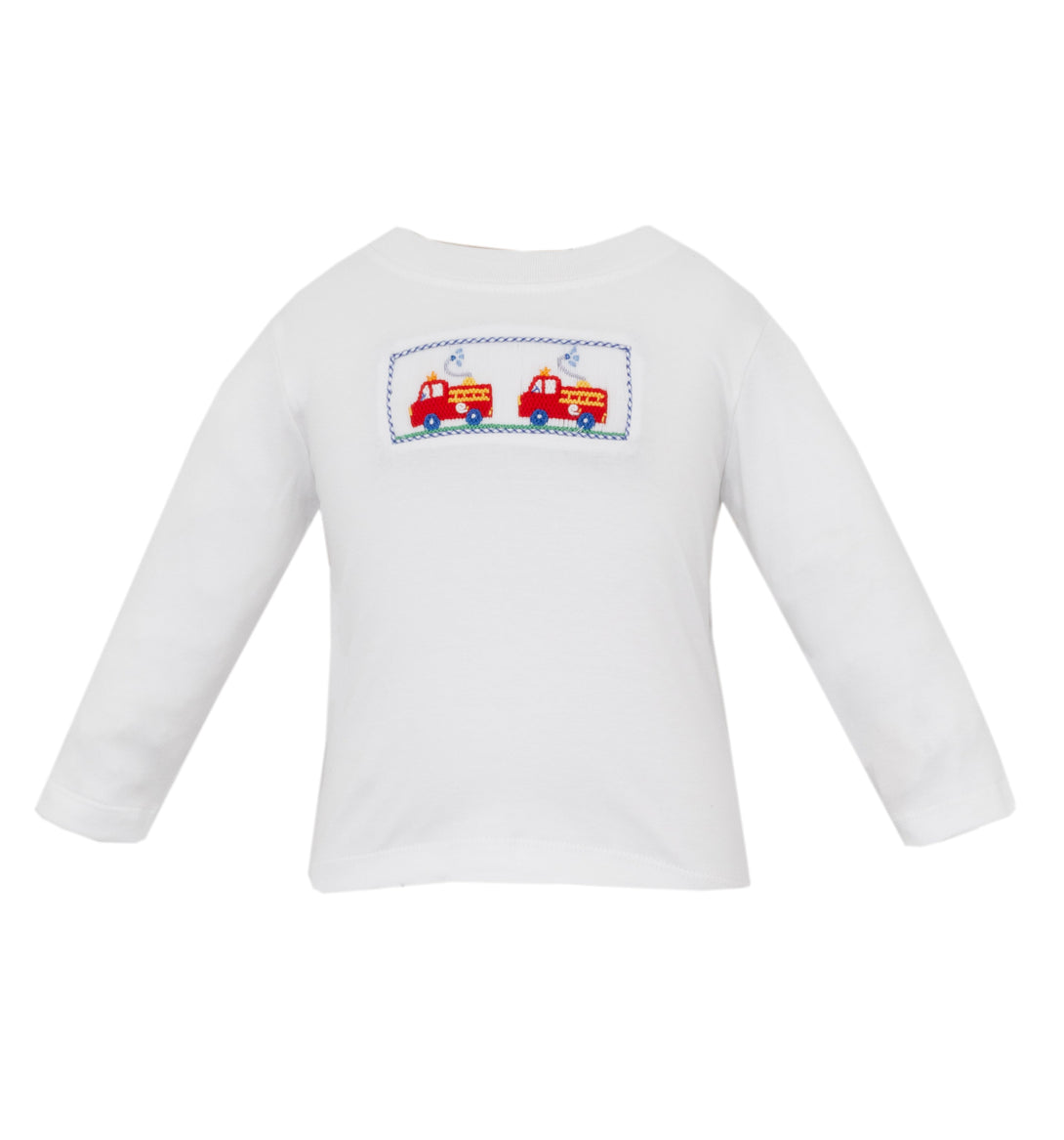 White long-sleeve shirt with red fire truck design on a white background