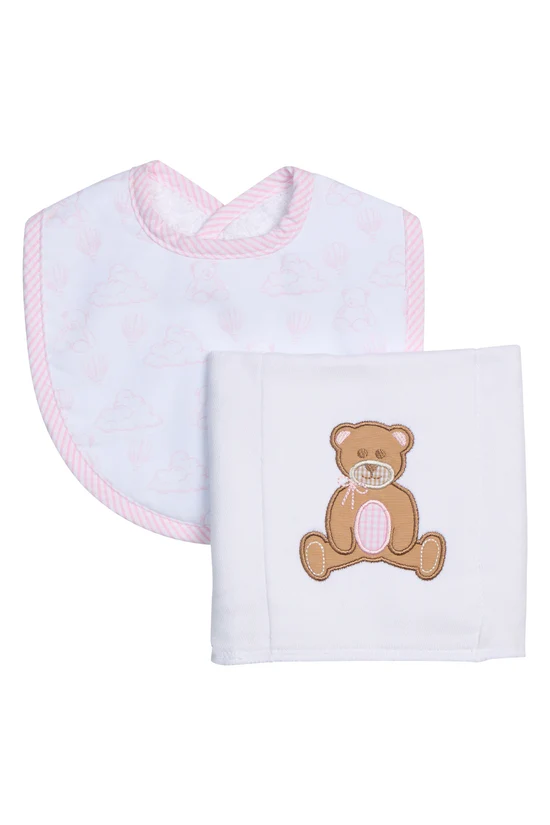 Teddy Bear Applique Bib & Burp Box Set - Pink