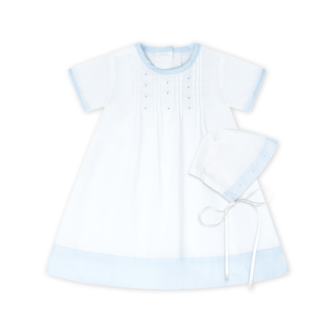 Blessings Daygown Set White and Blue Batiste with Blue Embroidery Knots and Bonnet