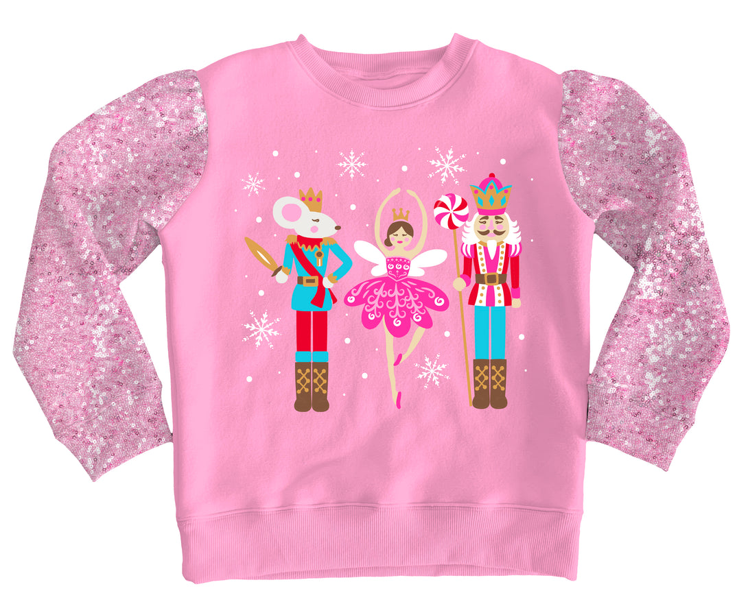 Nutcracker Sequin Sleeve Christmas on Pink Velvet Sweatshirt