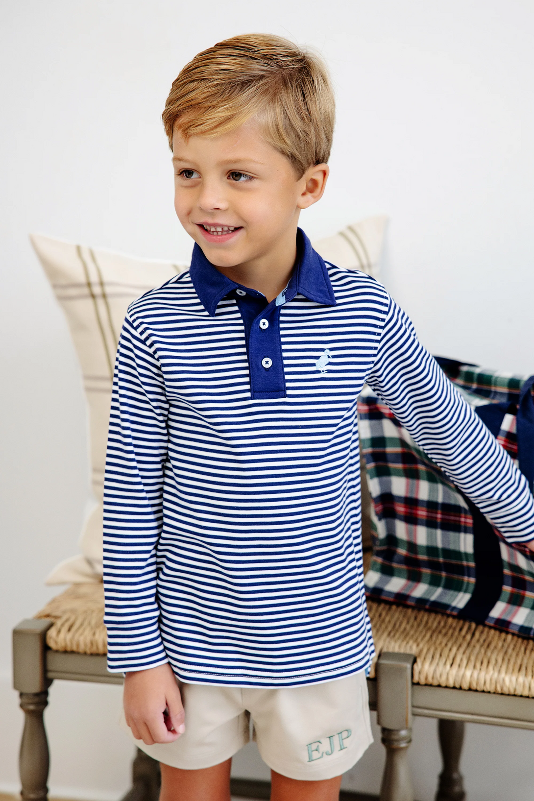 Prim and Proper Polo Long Sleeve in Nantucket Navy Stripe with Beale Street Blue Stork