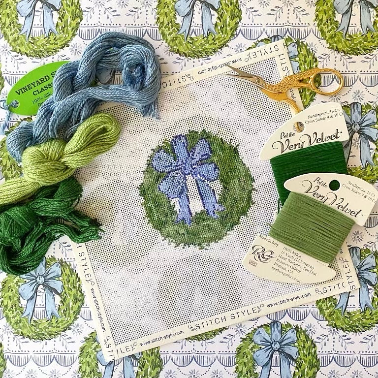 Wreath with Blue Bow Needlepoint Canvas