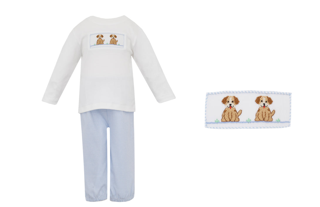 Blue Knit Check Boys Smocked Pant Set - Puppies
