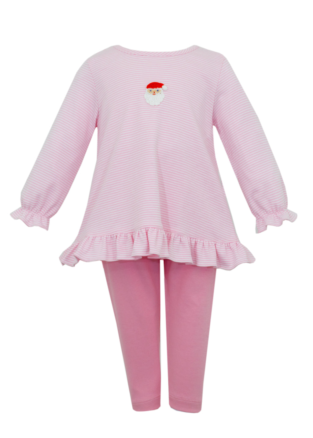 Santa's Face Pink and White Knit Stripe Girls Tunic Set