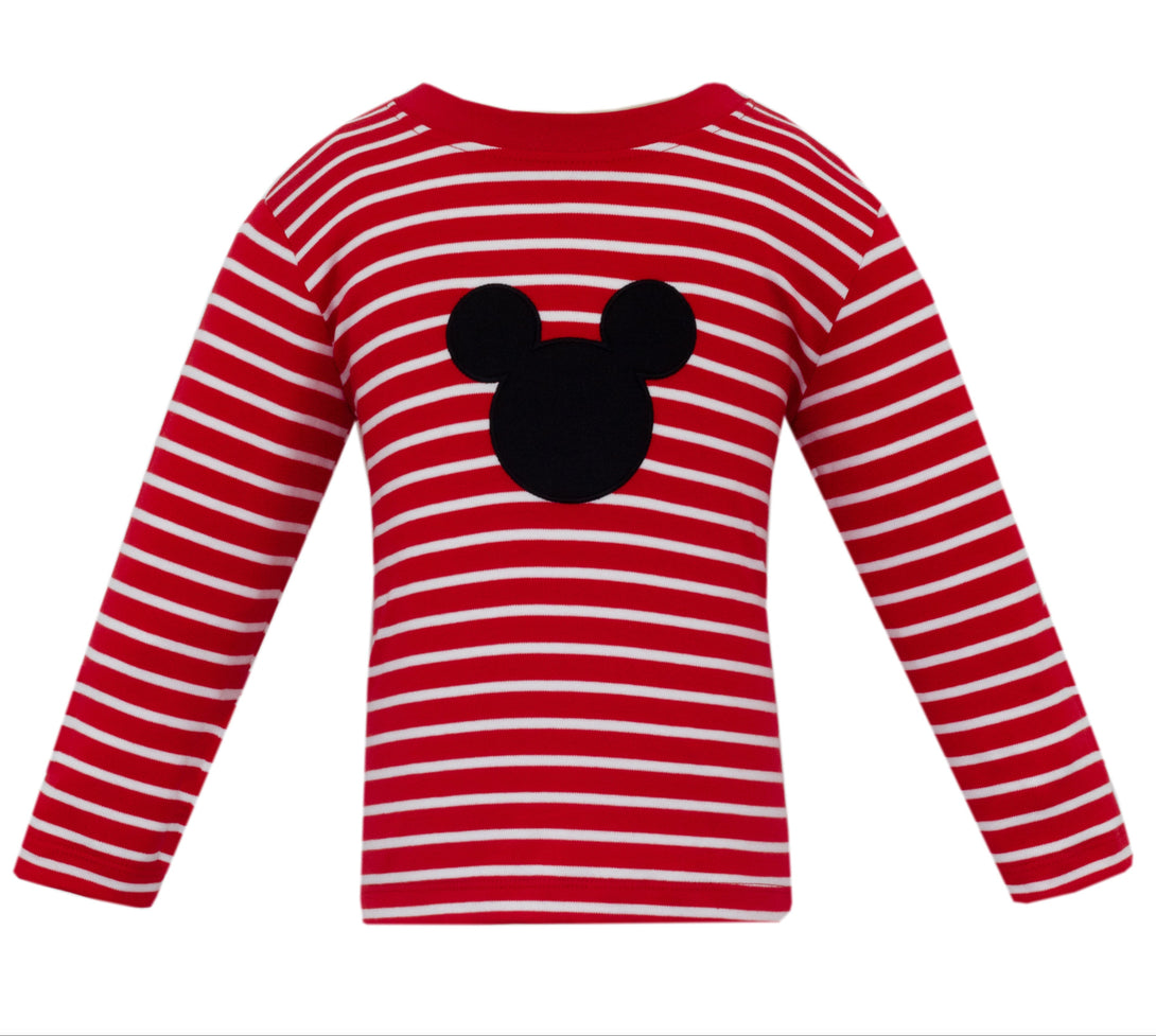 Mickey Applique Red Knit Stripe Shirt