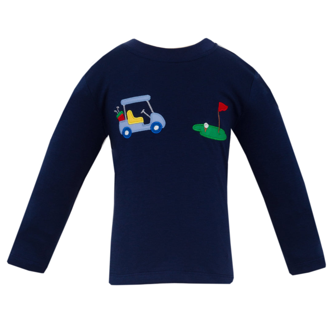 Navy blue long-sleeve shirt with golf-themed applique designs