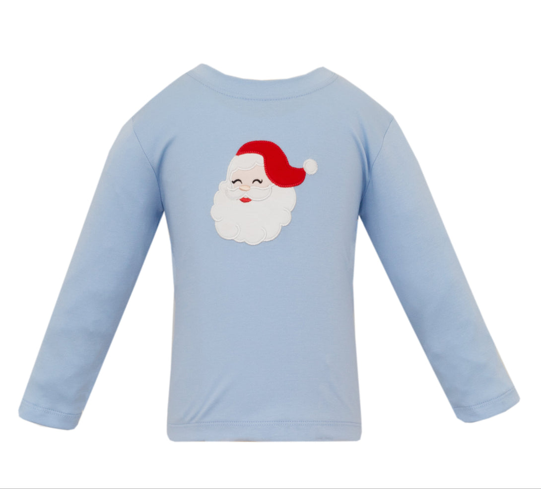Light blue long-sleeve shirt with Santa Claus applique design