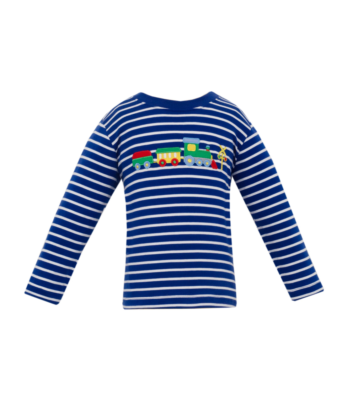 Blue and white striped long-sleeve shirt with a colorful train design