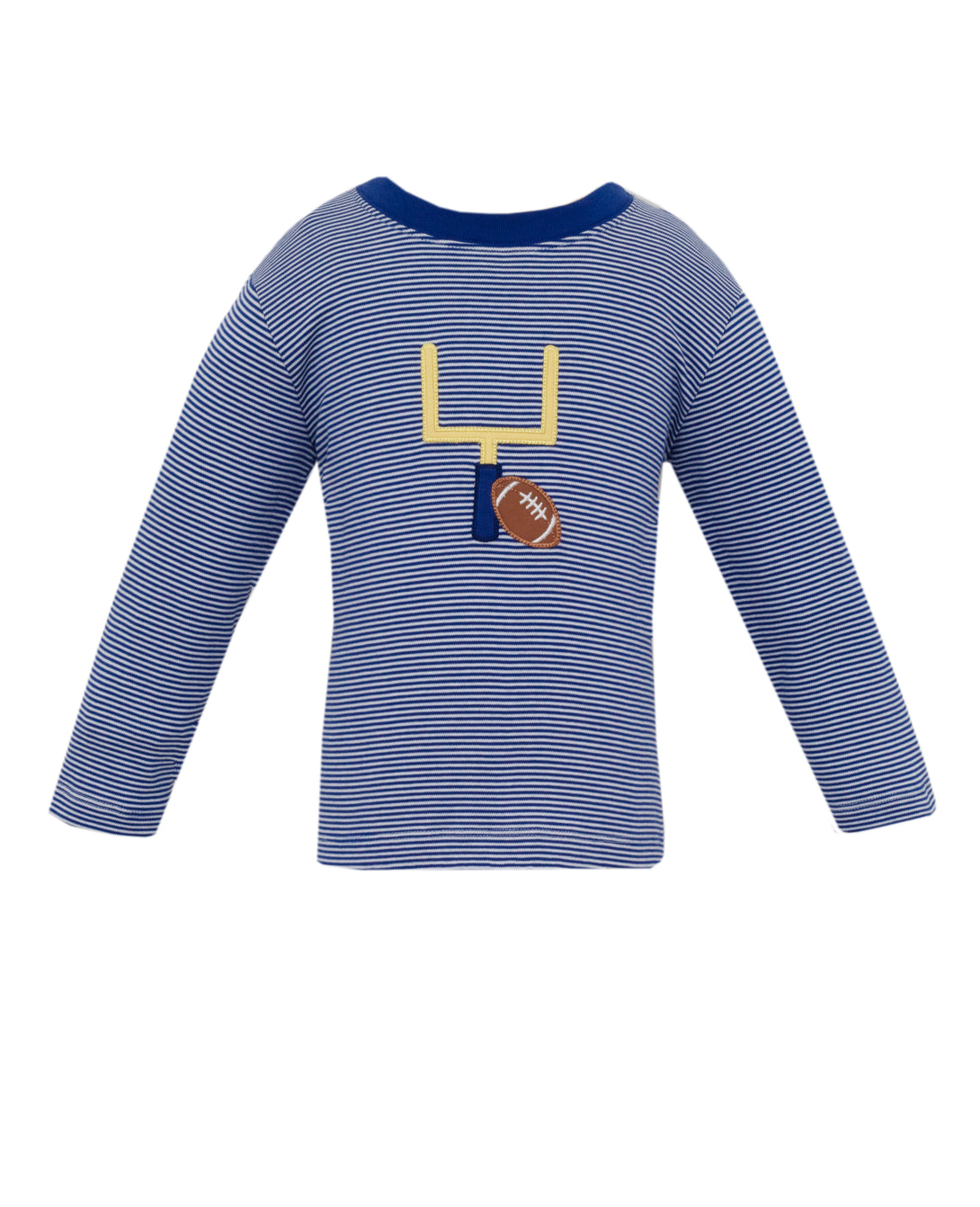 Blue striped long-sleeve shirt with football goal post with football.