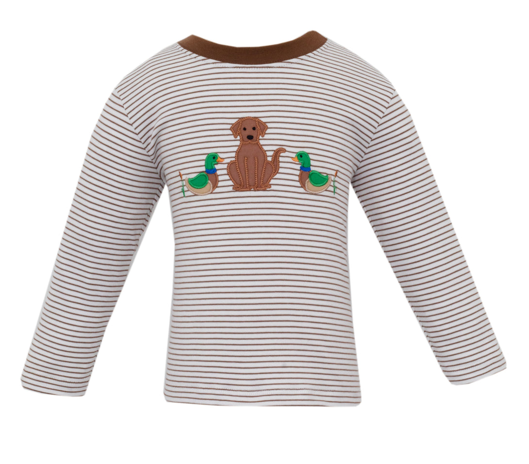 Striped long-sleeve shirt with a dog and duck design