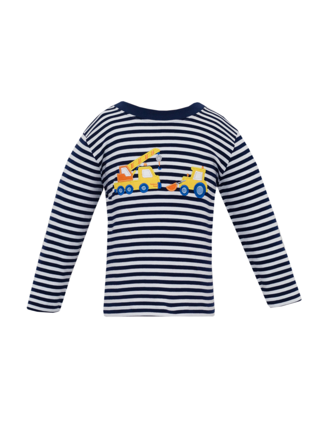 Navy and white striped long-sleeve shirt with construction vehicle design