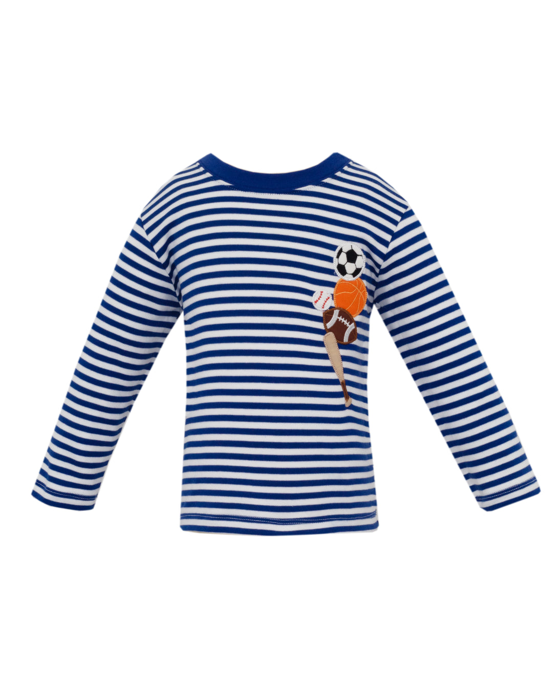 Blue and white striped long-sleeve shirt with a soccer-themed design