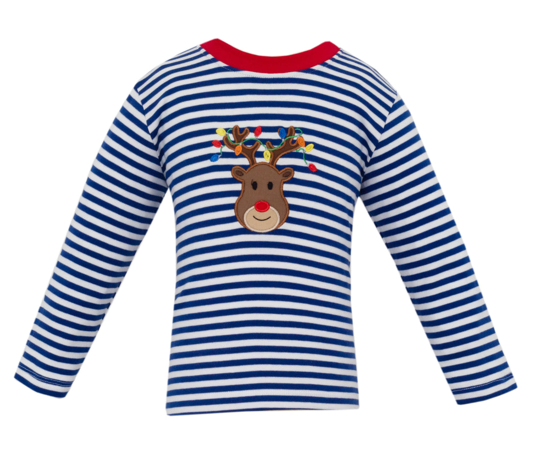 Blue and white striped shirt with reindeer design