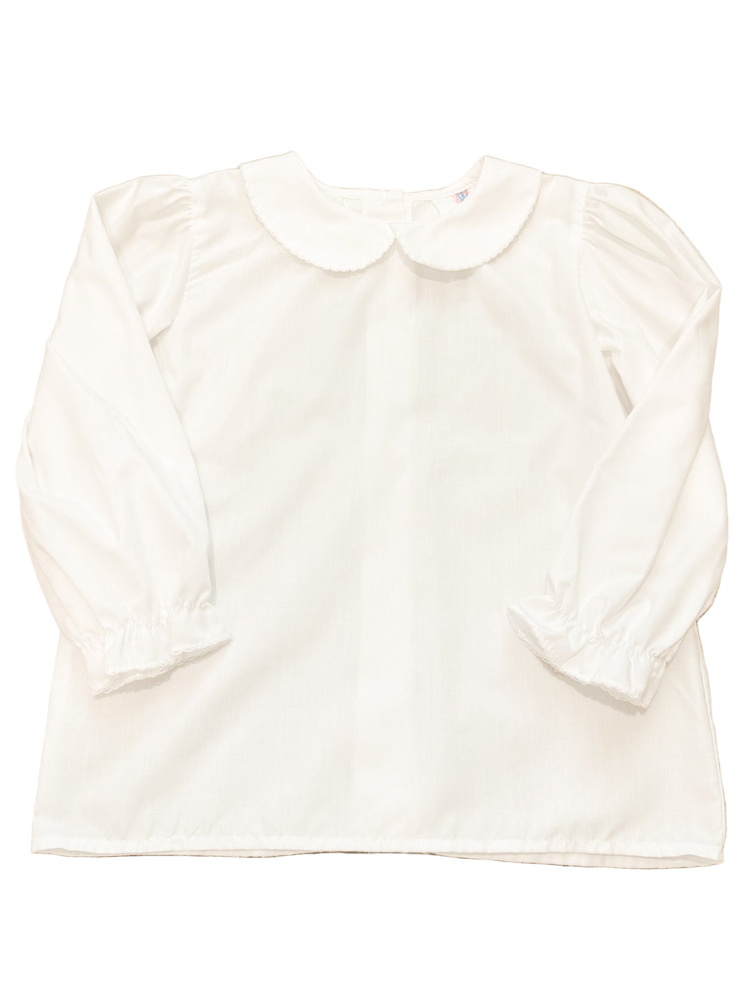 Basic Girl White Woven Long Sleeve Shirt W/ Picot Trim Peter Pan Collar