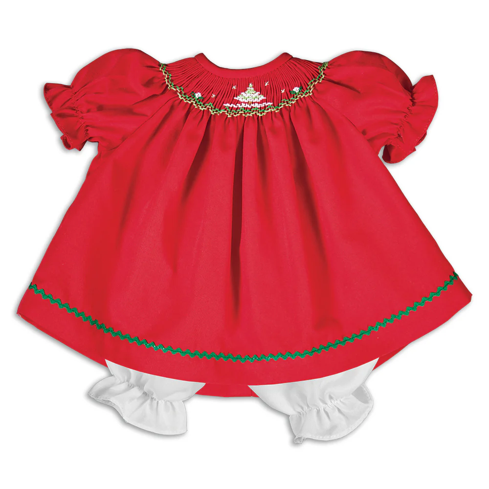 Red Smocked Christmas Tree Dress for 10"Doll