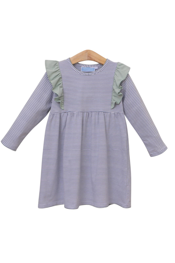 Madison Dress Dusty Blue Stripe with Sage Green