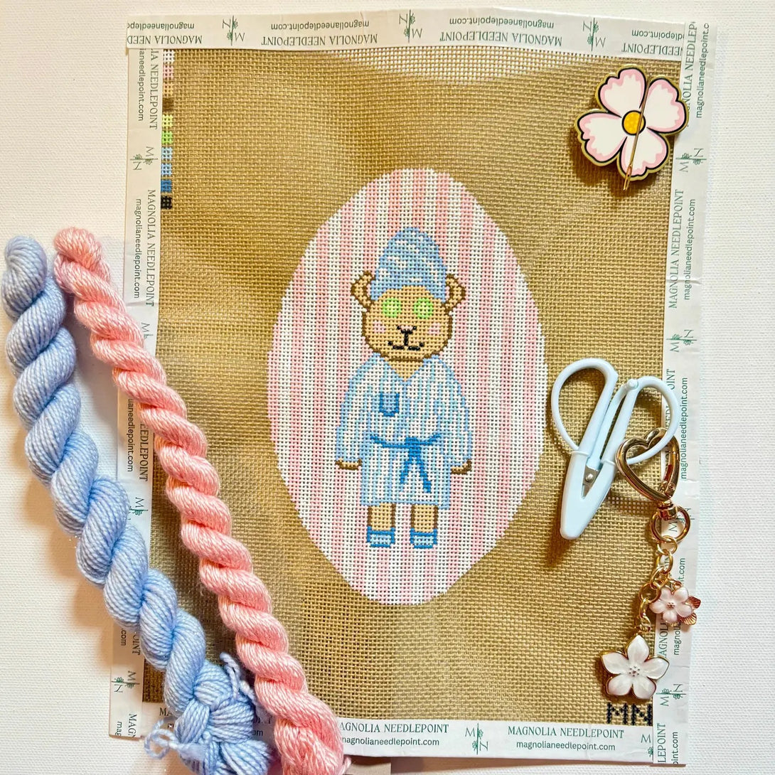Spa Bear Blue Robe on Pink Stripes Needlepoint Canvas