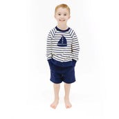 Navy Stripe French Terry Sweat Shirt With Applique And Short